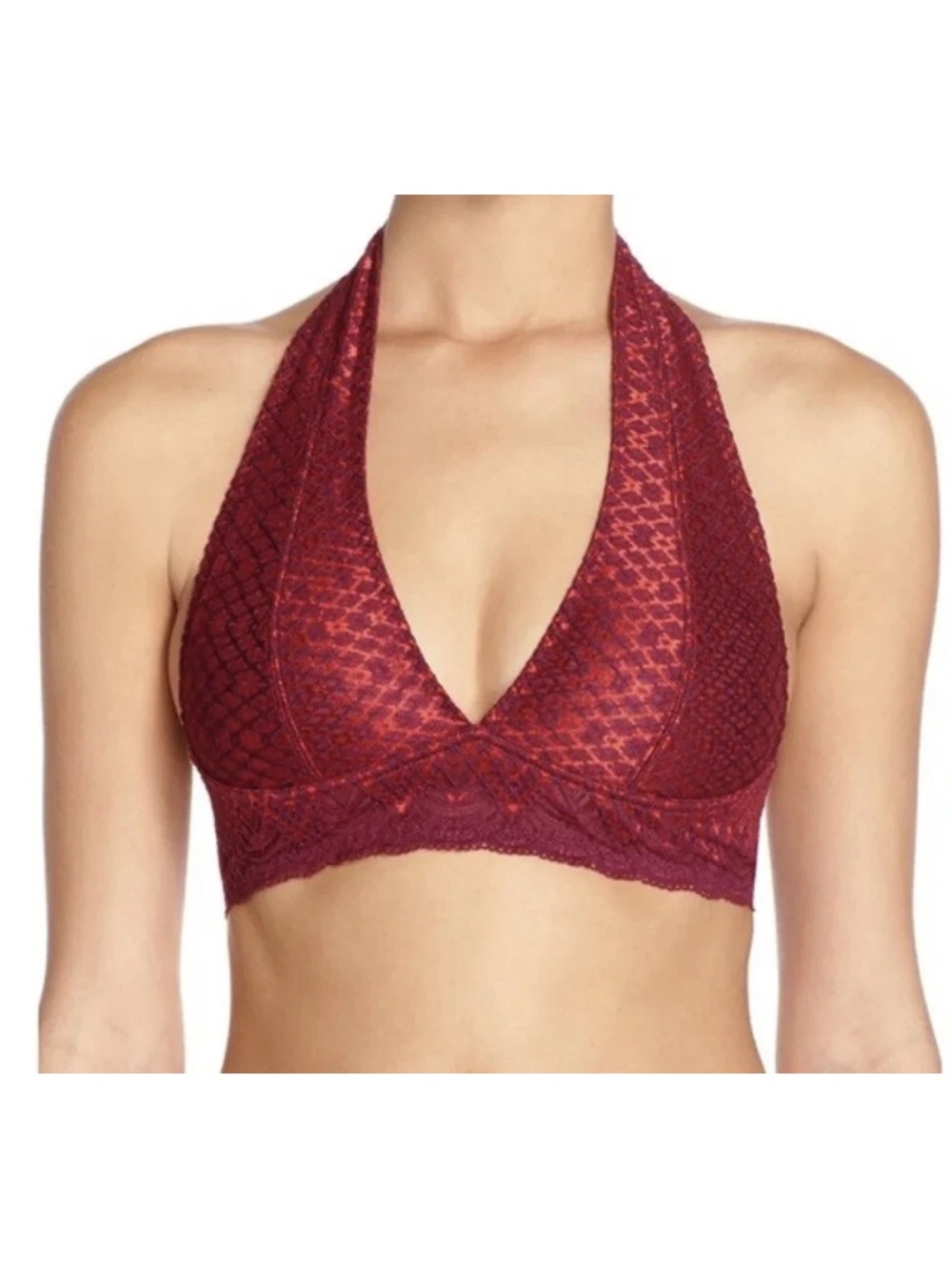 NEW Free People Red Sinking Ships Lace Halter Top NoWire Soft Cup Bralette Bra S